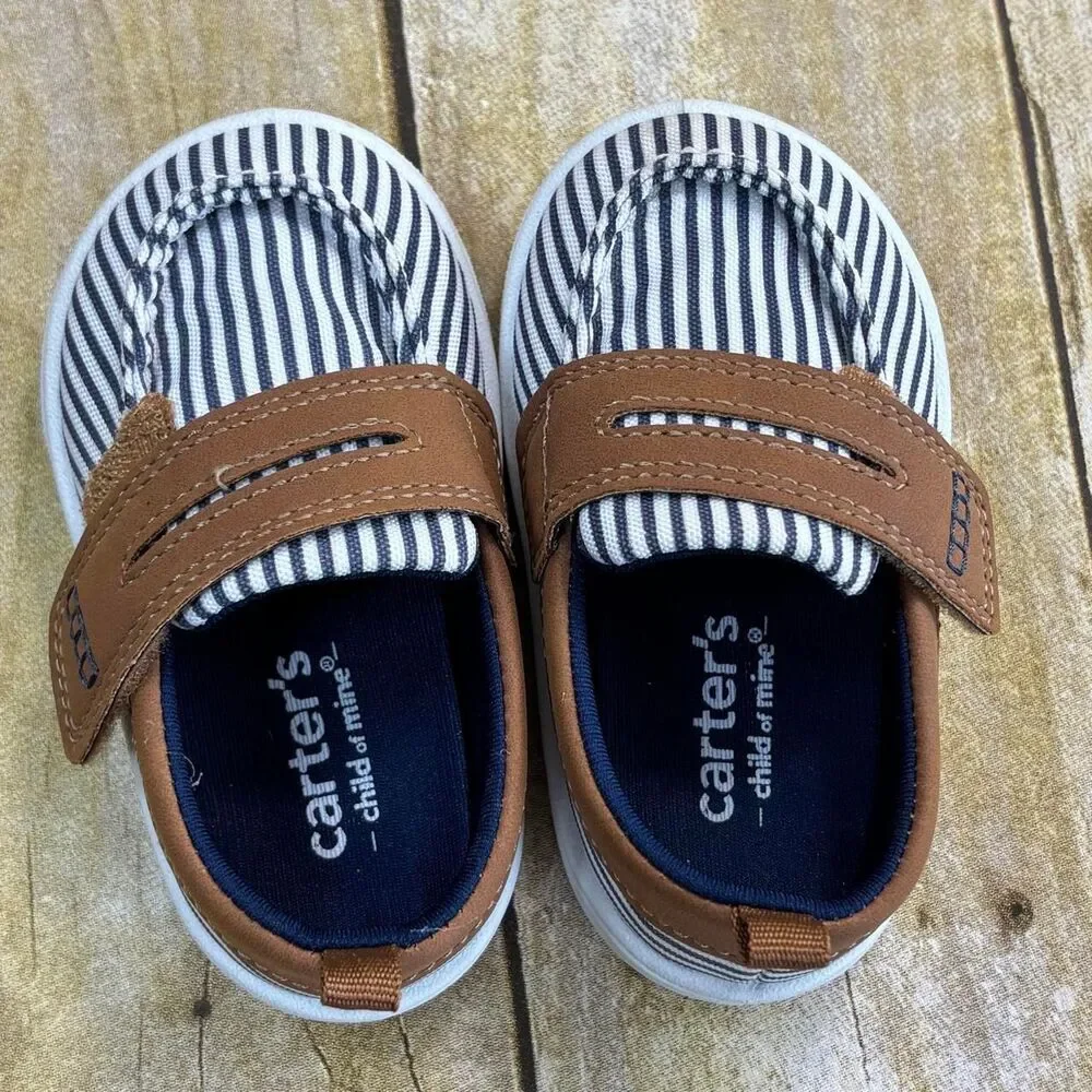 Carters Boys Crew Boat Loafers Blue White Striped Shoes Size 4M